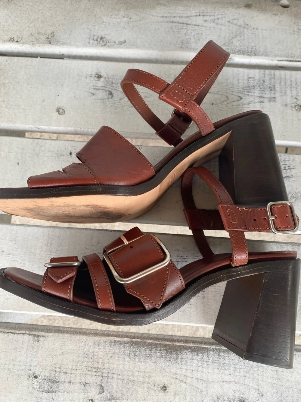 A.P.C. Tess Leather Buckle Block Heel Strappy Sandals Hazelnut Quiet Luxury 39/9